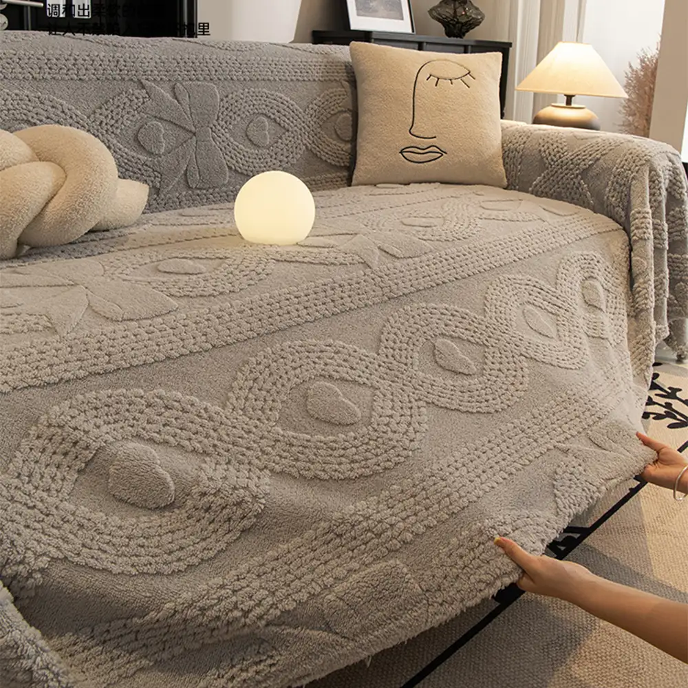 Bowknot Jacquard Plush Multifunctional Sofa Blanket Couch Cover - Image 12