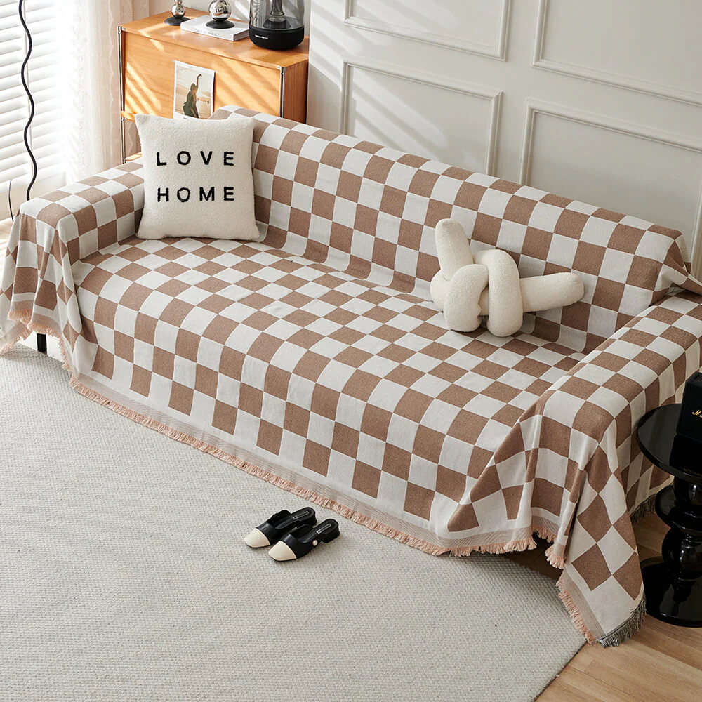 Color Block Checkerboard Fringe Trim Sofa Blanket Couch Cover - Image 3