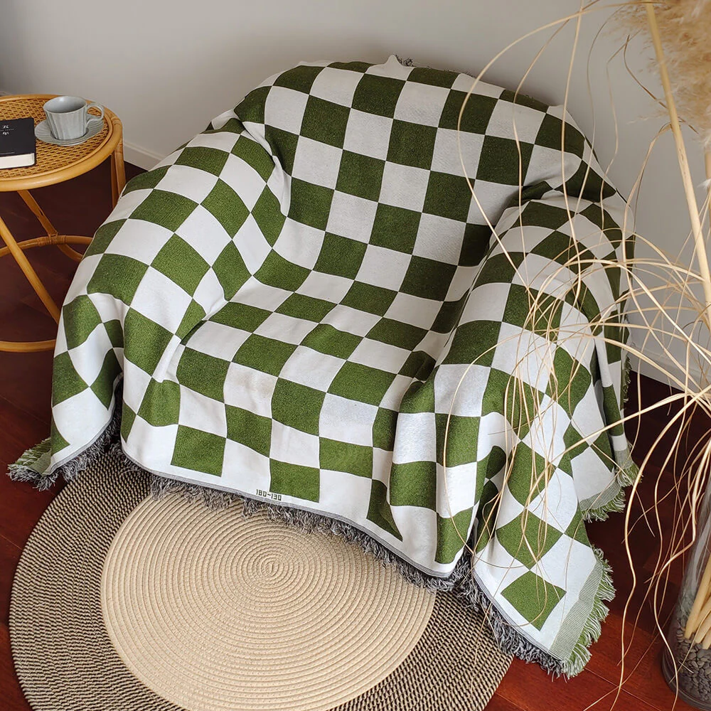 Color Block Checkerboard Fringe Trim Sofa Blanket Couch Cover - Image 5