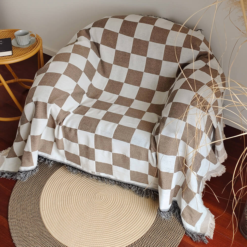 Color Block Checkerboard Fringe Trim Sofa Blanket Couch Cover - Image 6