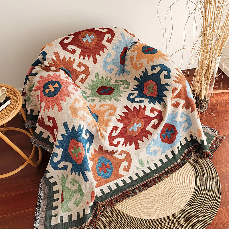 Color Block Checkerboard Fringe Trim Sofa Blanket Couch Cover - Image 7