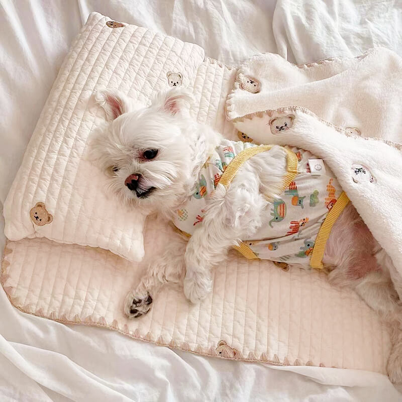 Cozy Embroidered Cotton Pet Pillow Quilt Bed Set - Image 5
