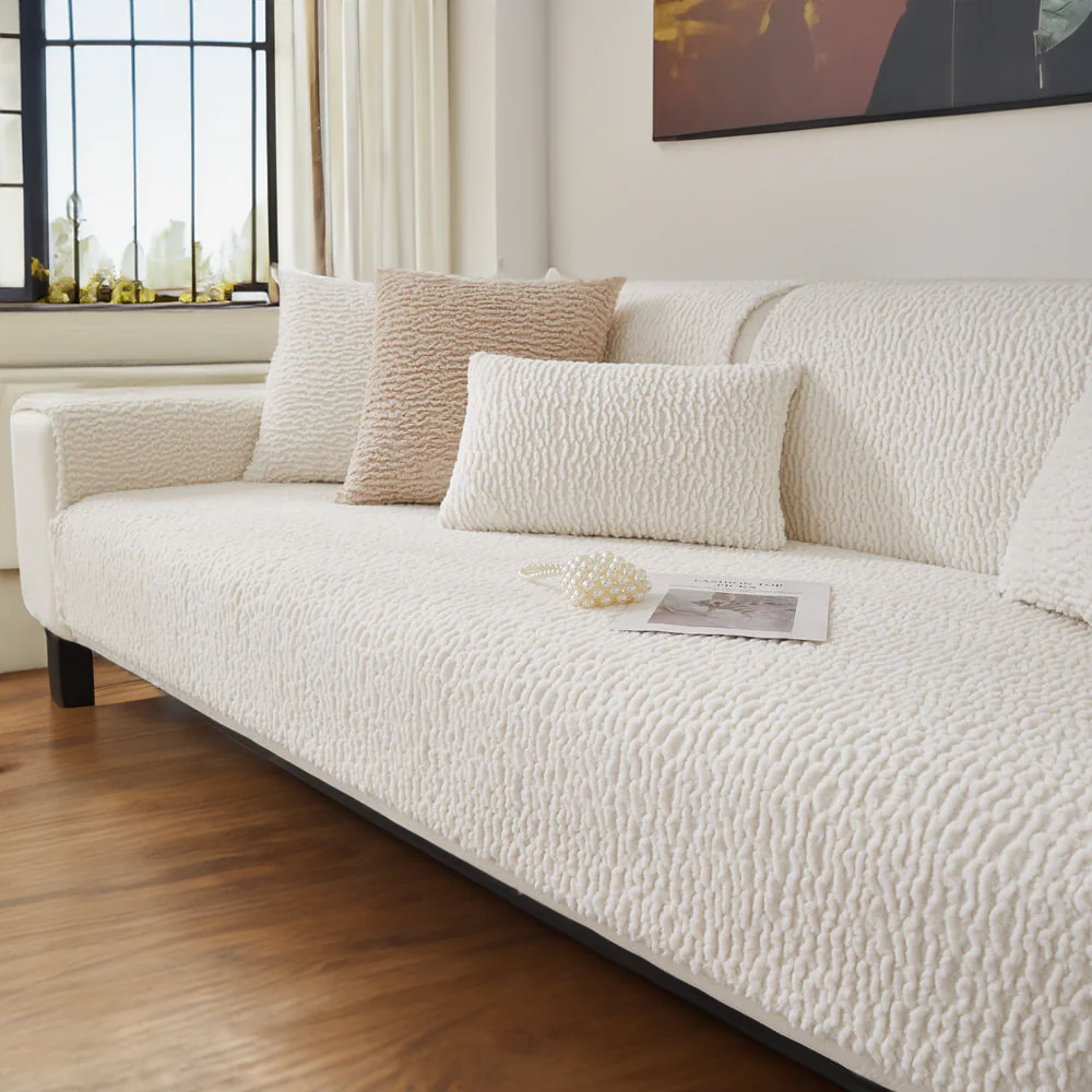 Cream Colour Berber Fleece Anti-Scratch Couch Cover - Image 17