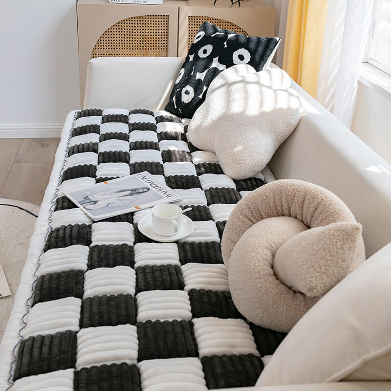 Cream-colored Large Plaid Square Fuzzy Pet Dog Mat Bed Couch Cover - Image 10