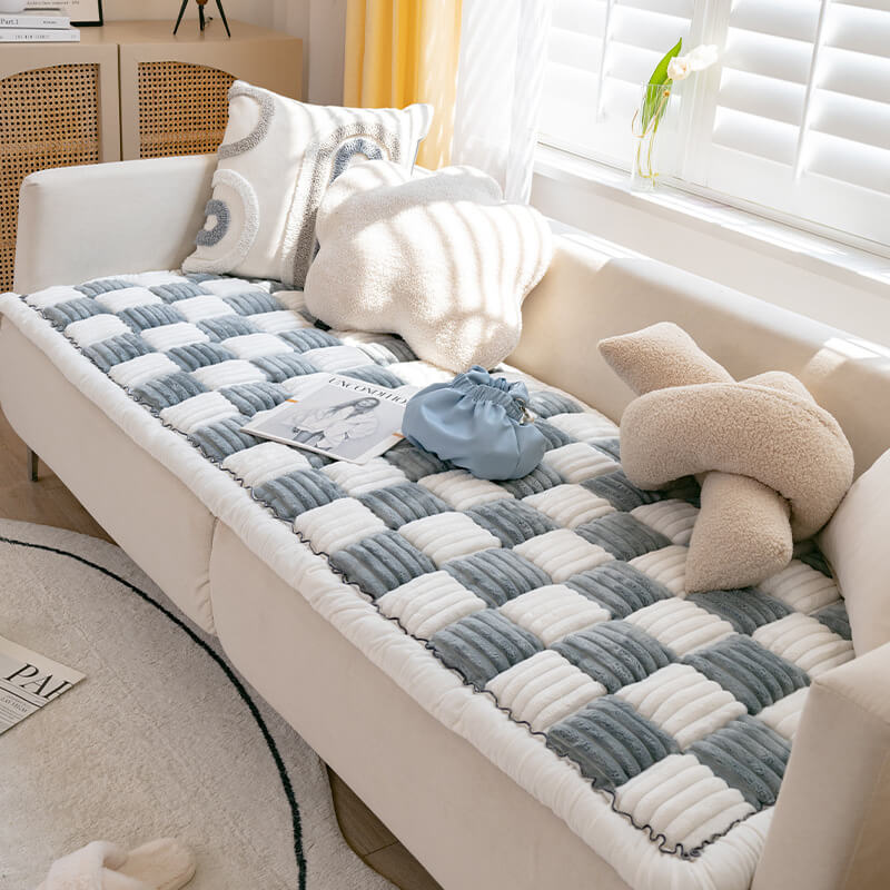 Cream-colored Large Plaid Square Fuzzy Pet Dog Mat Bed Couch Cover - Image 11