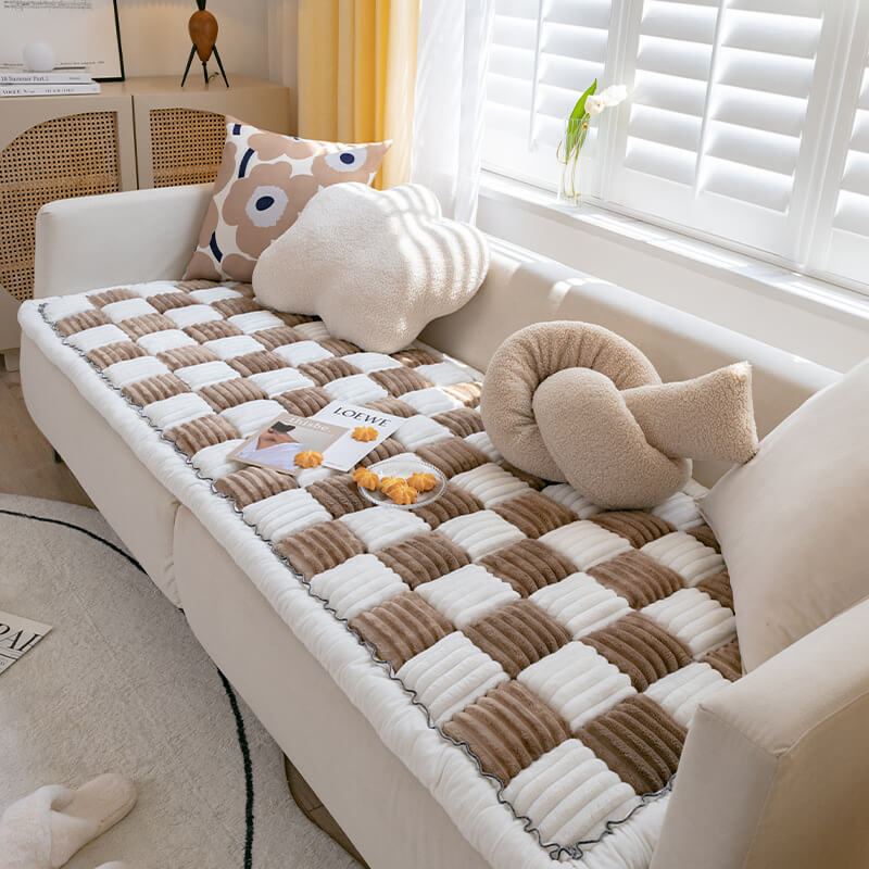 Cream-colored Large Plaid Square Fuzzy Pet Dog Mat Bed Couch Cover - Image 15