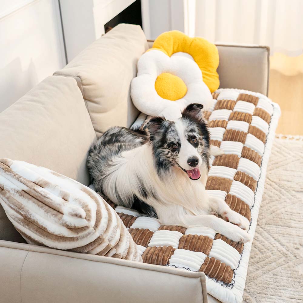 Cream-colored Large Plaid Square Fuzzy Pet Dog Mat Bed Couch Cover - Image 16