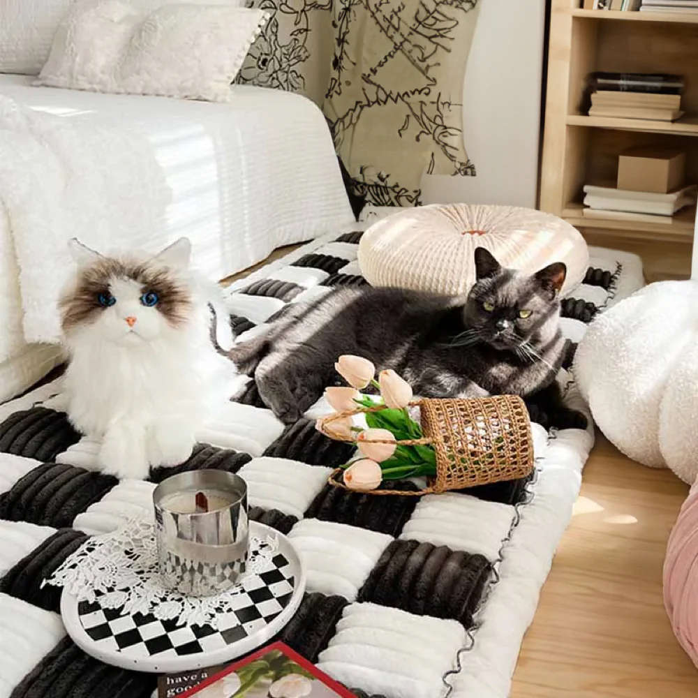 Cream-colored Large Plaid Square Fuzzy Pet Dog Mat Bed Couch Cover - Image 19