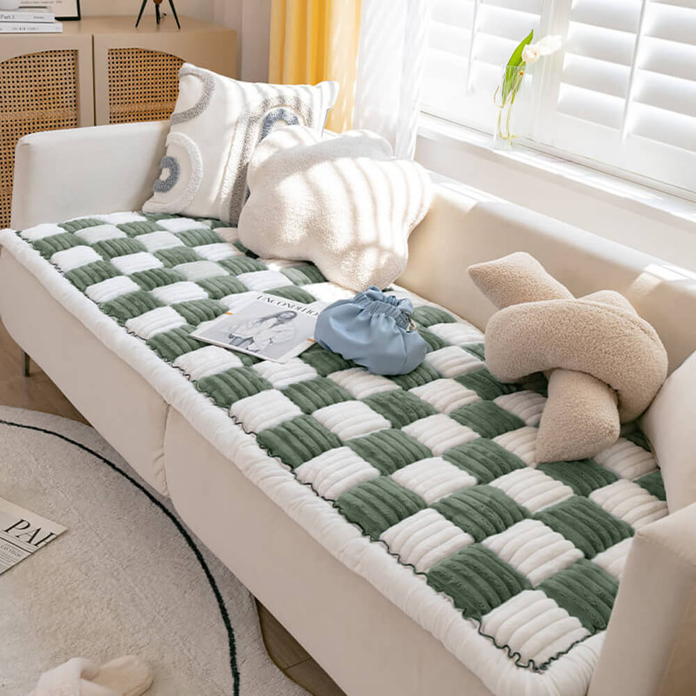 Cream-colored Large Plaid Square Fuzzy Pet Dog Mat Bed Couch Cover - Image 20