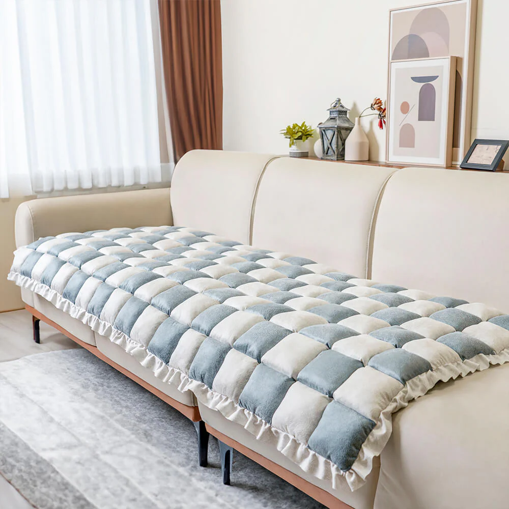 Cream-colored Large Plaid Square Fuzzy Pet Dog Mat Bed Couch Cover - Image 23