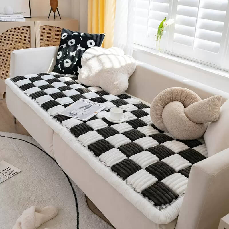 Cream-colored Large Plaid Square Fuzzy Pet Dog Mat Bed Couch Cover - Image 3
