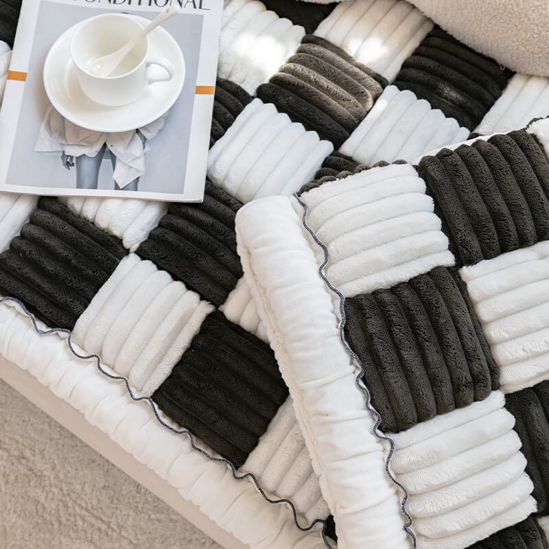 Cream-colored Large Plaid Square Fuzzy Pet Dog Mat Bed Couch Cover - Image 6