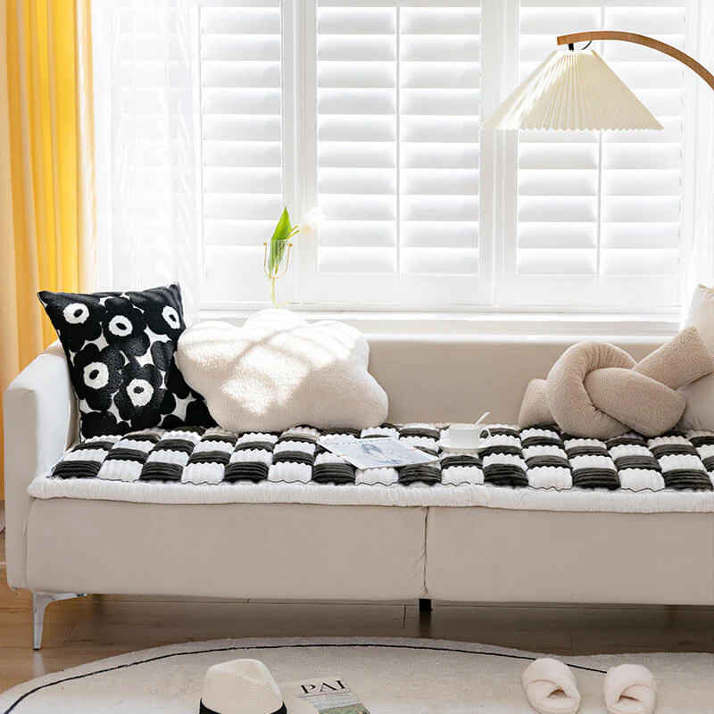 Cream-colored Large Plaid Square Fuzzy Pet Dog Mat Bed Couch Cover - Image 9