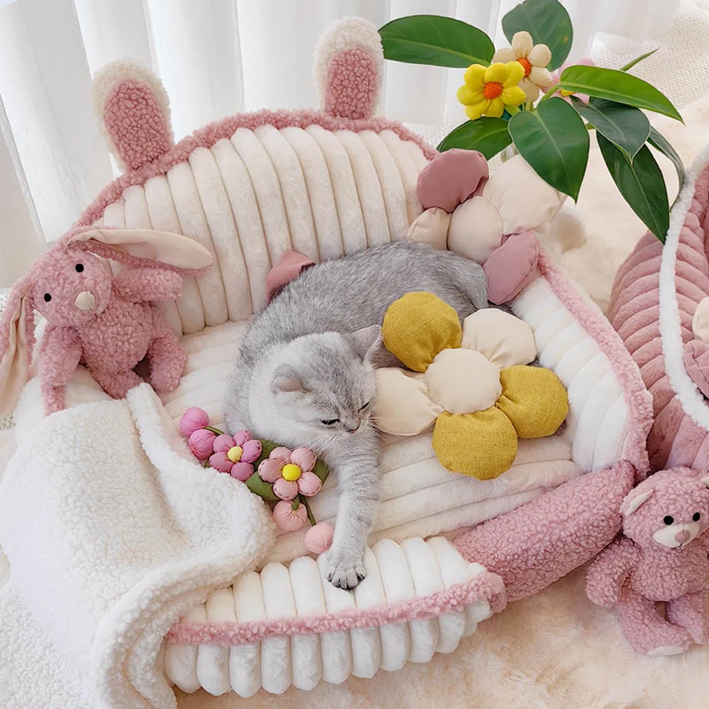 Cream Pink Fluffy Cozy Washable Dog & Cat Sofa Bed - Image 3
