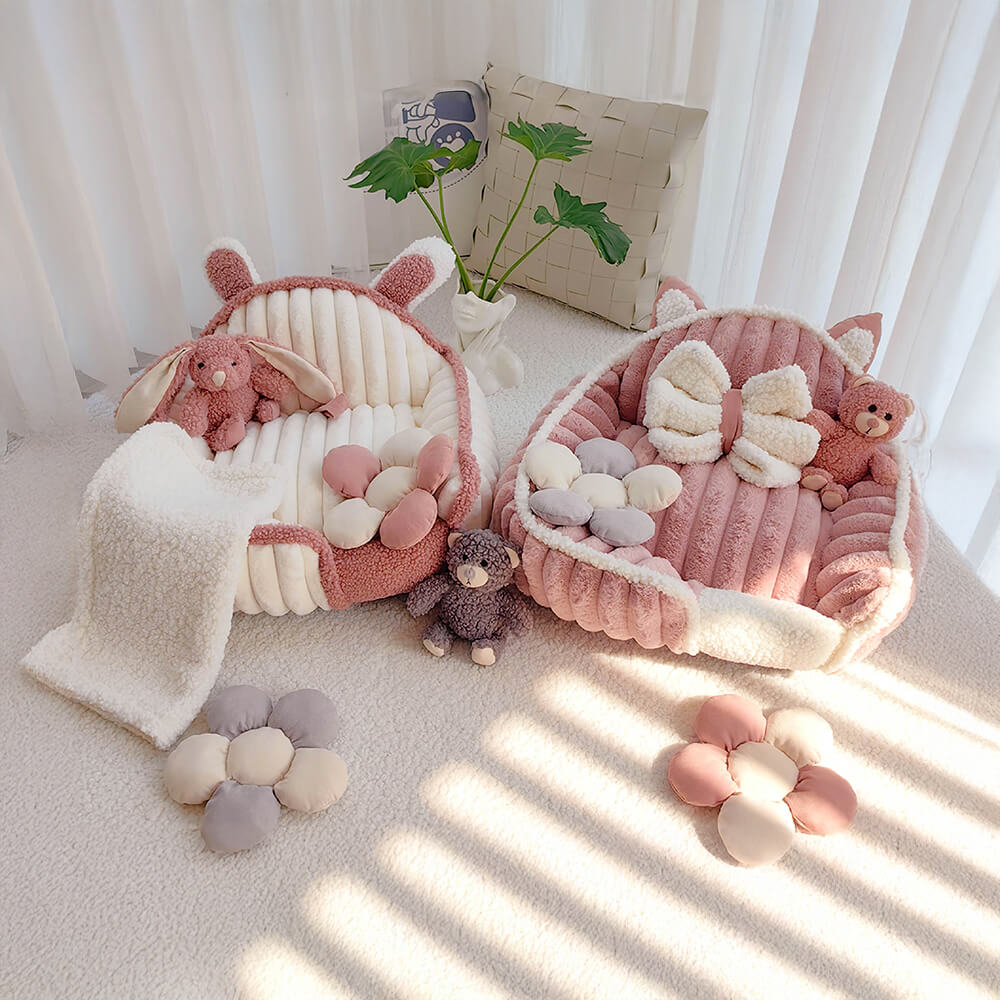 Cream Pink Fluffy Cozy Washable Dog & Cat Sofa Bed - Image 4