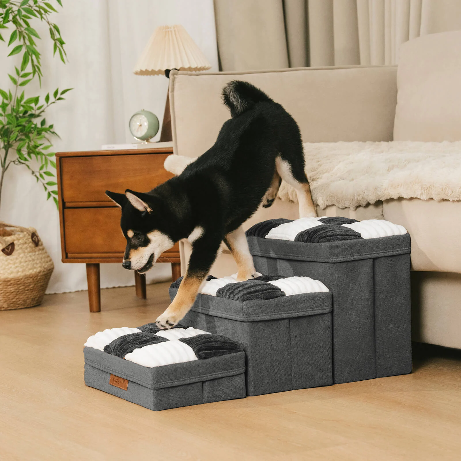Detachable Chessboard Plaid Handcrafted Dog Stairs with Storage - Foldable Steps - Image 16