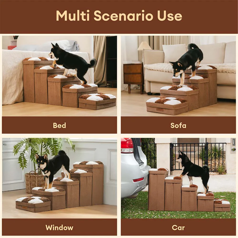 Detachable Chessboard Plaid Handcrafted Dog Stairs with Storage - Foldable Steps - Image 5