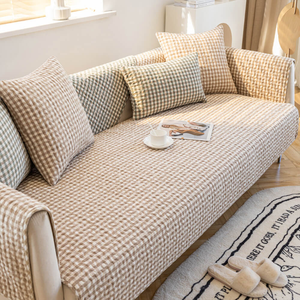 Retro Plaid Washed Cotton Wear-Resistant Non-Pilling Couch Cover - Image 3